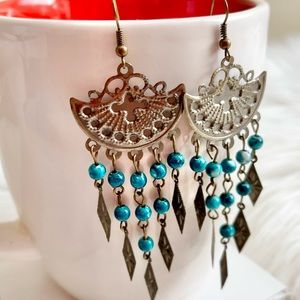 NWOT Gorgeous Silver Tone and Teal Boho Earrings